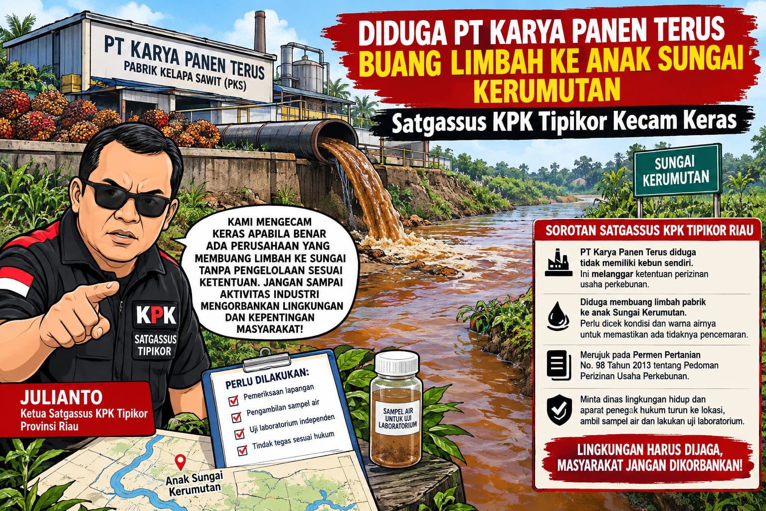Diduga PT Karya Panen Terus Buang Limbah ke Anak Sungai Kerumutan, Satgassus KPK Tipikor Kecam Keras