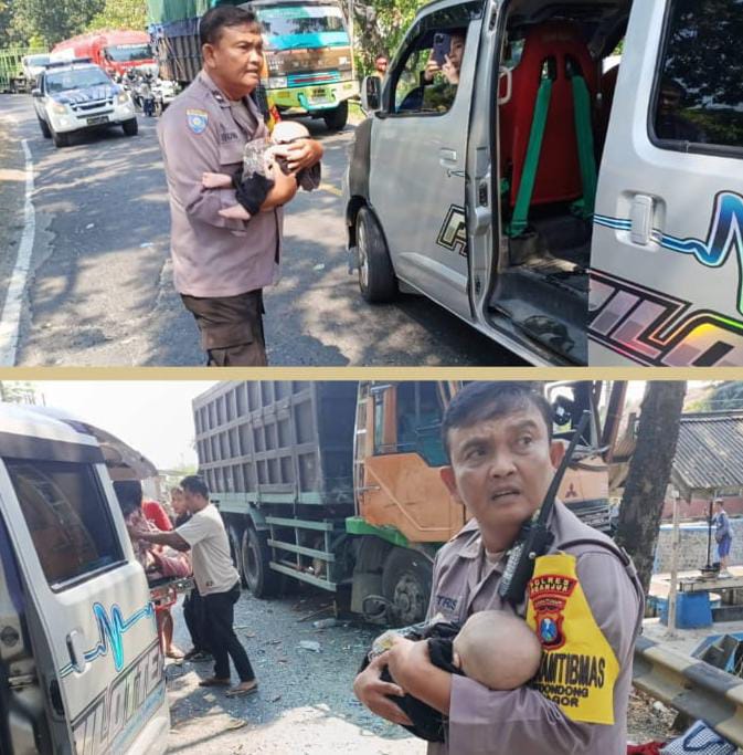 Polisi dengan Tulus melayani masyarakat : Aksi Heroik Bhabinkamtibmas Polsek Bagor Selamatkan Bayi Korban Kecelakaan Bus di Nganjuk